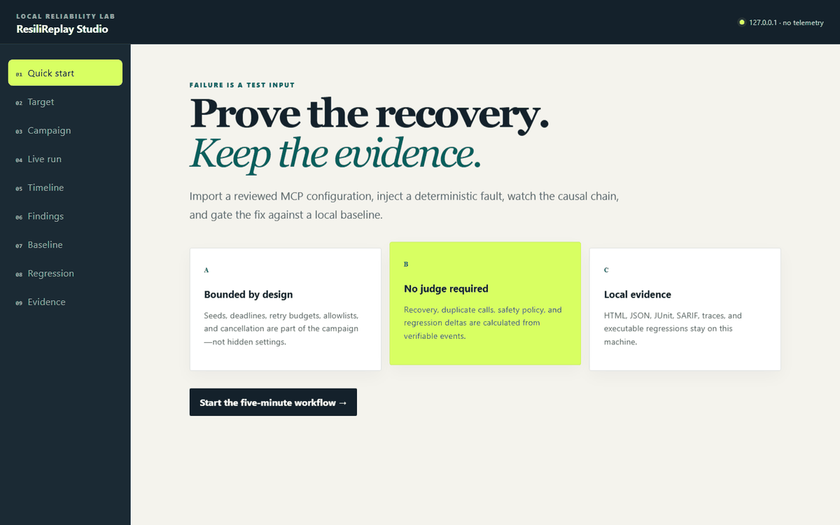 ResiliReplay Studio moving through target review, campaign execution, timeline, baseline comparison, and evidence export